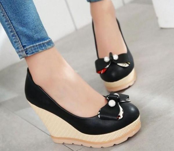 

2019 women's shoes in spring and autumn with new style slope heel round head bowknot@w125, Black