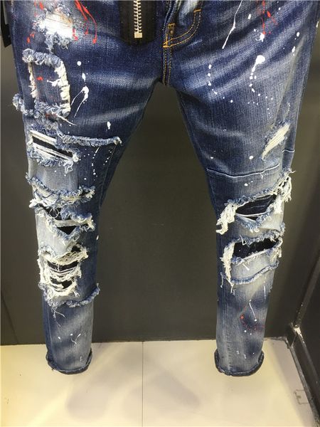 

new arrival mens slim-leg dd-jeans washed jeans hole hip hop slim motor biker splash-ink holes designer jeans it size w44-w54, Blue