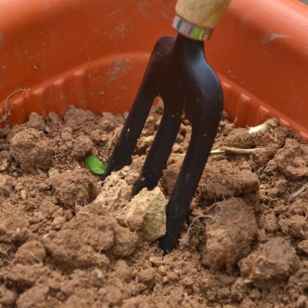 Set di 3 utensili manuali da giardino in ferro, pala da giardinaggio, vanga, rastrello, cazzuola, manico in legno