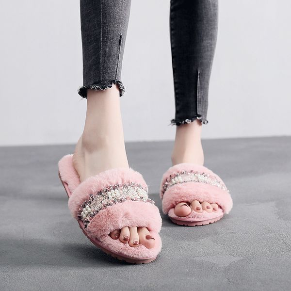 

fur shoes womens slippers outdoor slides low pantofle fashion plush 2019 flat luxury bling rubber with fur autumn shearling, Black