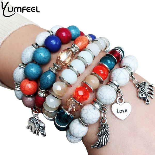 

yumfeel new 3pcs/set fashion boho bracelets & bangles women beaded bracelet elephant heart charm layer wrap bracelet jewelry, Black
