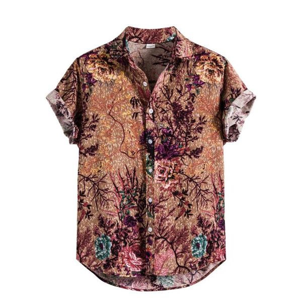 

new fashion national style men floral print short sleeve shirt summer hawaii holiday loose casual stand shirts camisas hombre, White;black