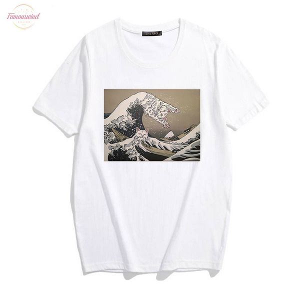 

ulzzang vintage oil art surf cartoon japanese women tee harajuku cute cat fun new v neck summer print female fashion casual, White
