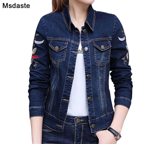 

jeans jackets women 2019 autumn flower embroidery vintage female long sleeve casual coats and woman blue short denim jackets, Black;brown