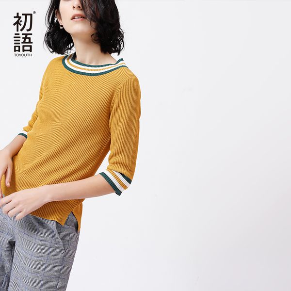 

toyouth 2019 new summer lazy style round collar knitwear slim half-sleeve thin sweater pullover vintage base for women, White;black
