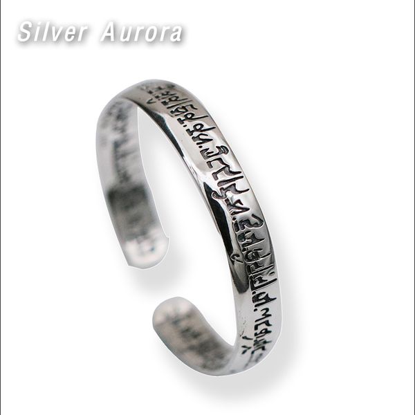 

religion solid sterling silver bangle women buddhism open cuff bracelets for men vintage retro silver jewelry for male, Black