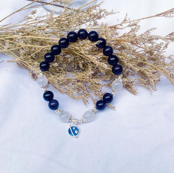

shang luxury crystal designer original starry blue sandstone bracelet s925 silver luxury planet pendant white agate with beads, Black