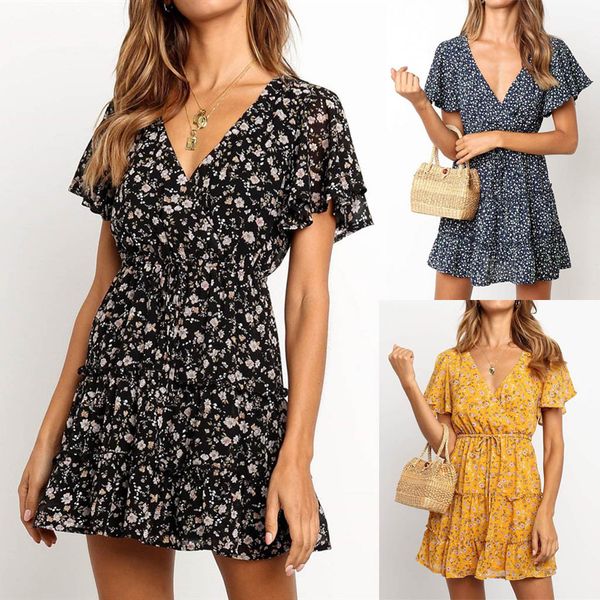 

2019 vetement femme fashion women vestido summer dress clothe short sleeve v-neck ruffles floral print empire bandage mini dress, Black;gray