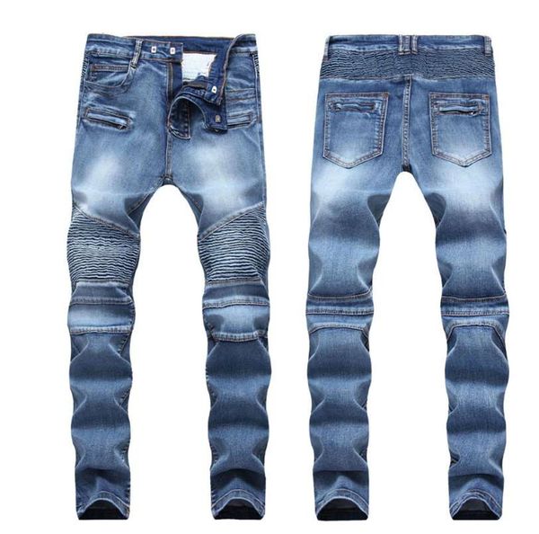 

men distressed ripped jeans fashion designer straight motorcycle biker jeans causal denim pants streetwear style mens jeans cool, Blue
