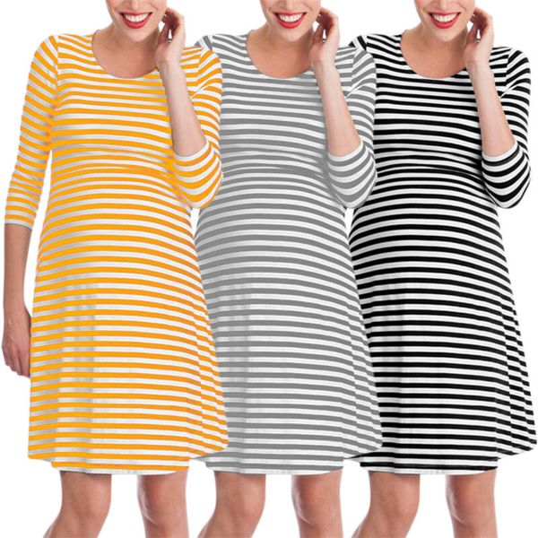 

womens maternity crew neck 3/4 sleeves striped pregnant pregnancy midi dresses, Black;gray