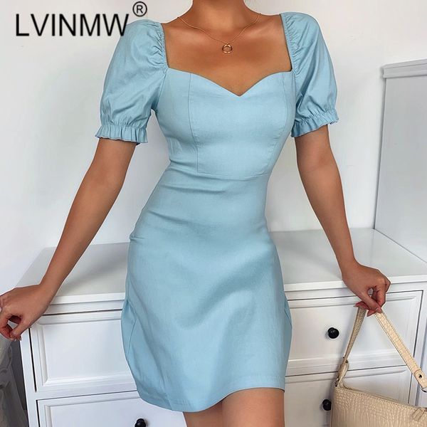

casual dresses lvinmw strapless short ruffles sleeve backless blue square collar mini dress 2021 summer women elegant temperament stree, Black;gray