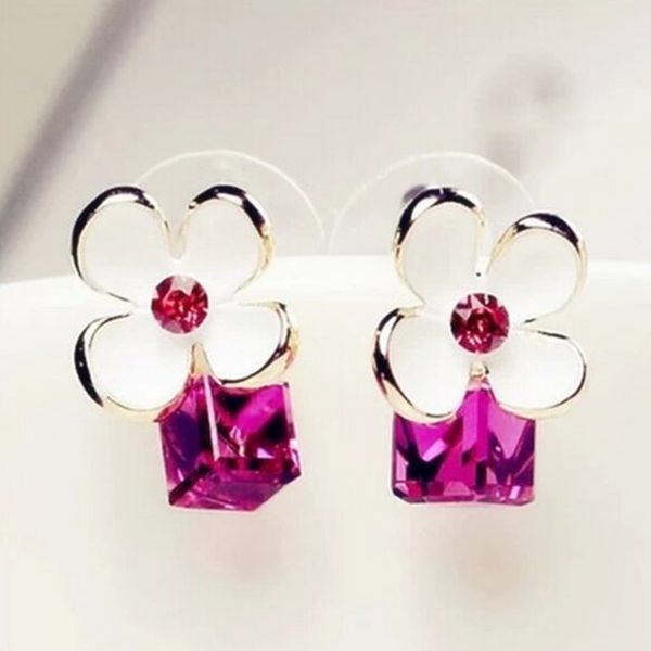 

E0399 New Pink Crystal Stud Earring Korean Style Flower Design Stud Earrings For Women Girl Statement Ear Jewelry Exquisite Gift
