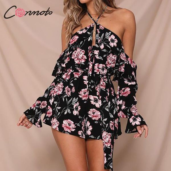 

conmoto fashion off shoulder floral print short jumpsuit women 2019 summer high waist halter lace up rompers chic jumpsuit, Black;white