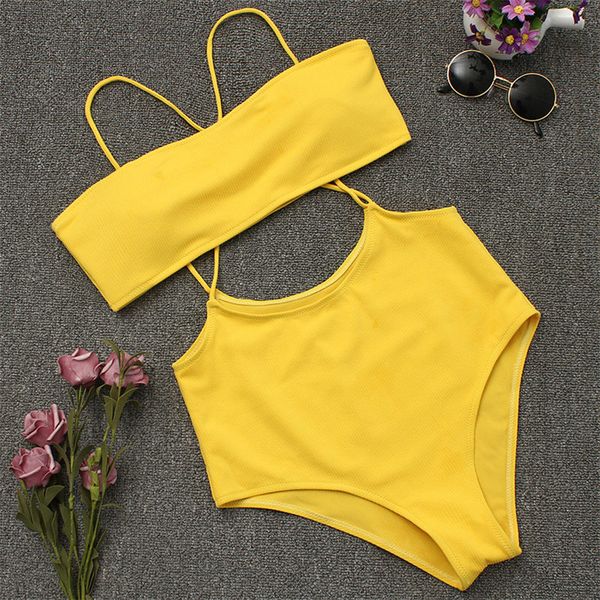 

women solid color swimsuit bandeau bikini 2pcs high waist push-up bra swimsuit swimwear bathing suit swimming costume
