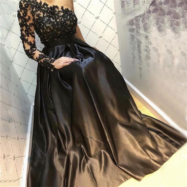 

black formal dress one shoulder a-line long sleeve evening dresses handmade flowers crystal satin lace evening gowns, Black;red