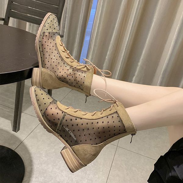 

women ankle boots polka dot mesh breathable mid heels boots square toe lace up ladies botas 2019 fashion new autumn casual shoes, Black