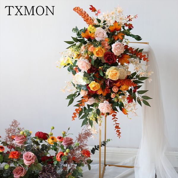 

autumn wedding triangle floral background decoration props artificial fake flower orange flower row road art forest arch