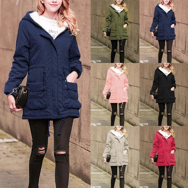 

heflashor women parkas front buttons jacket medium long outfit solid pockets jackets ladies hooded slim sweatwears female coats, Black