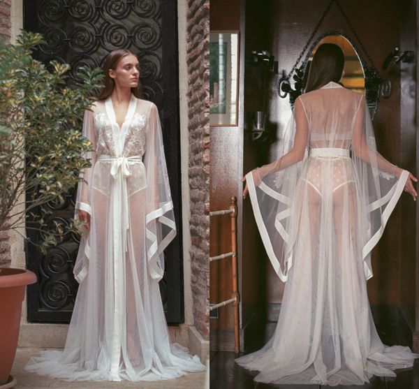 

long women lace wedding robes see through long sleeve lingerie sleepwear bridesmaid nightgown bathrobes lingerie nightwear, White