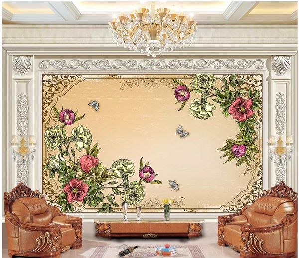 

custom large-scale mural 3d p wallpaper classical nostalgic nordic hand-painted rose butterfly love flower living room tv background