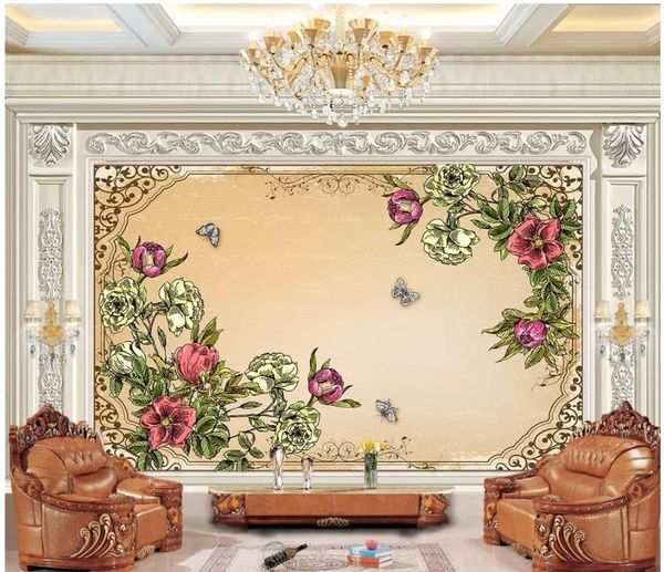 Personalizzato su larga scala 3d foto wallpaper classico nostalgico Nordic dipinta a mano rosa farfalla amore fiore soggiorno TV sfondo