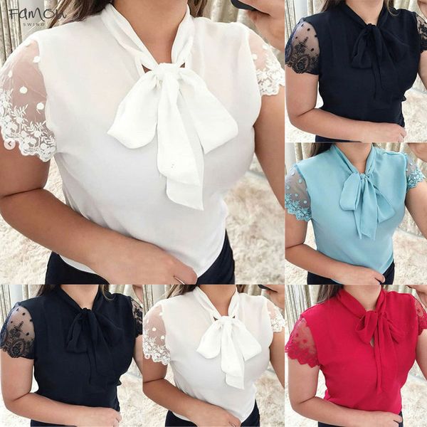

women work office shirt summer lace bow tie short sleeve chiffon shirt blouse shirt white camiseta feminina