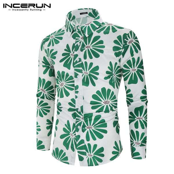 

incerun fashion casual shirt men flower printed turn-down collar long sleeve camisa vacation breathable hawaiian shirt men s-3xl, White;black