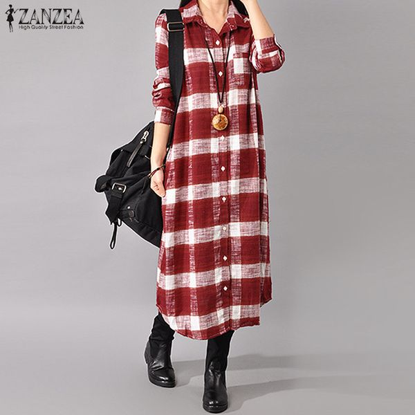 

2019 plaid checked shirt vestido zanzea women lapel neck long sleeve long dress casual buttons down cotton tunic sundress robe, Black;gray
