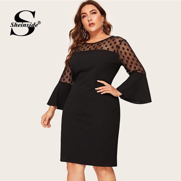 

sheinside плюс размер элегантного горошка mesh лоскутного платья женщина 2019 весна хем щелевой карандаш платья дама белл платье рукав, Black;pink