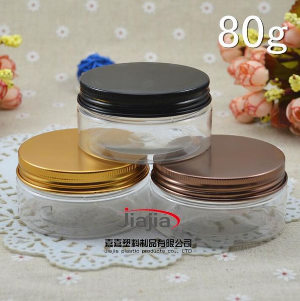 Frete Grátis: 80g Clear Pet Can Com Gold / Preto / Bronze LID de Alumínio, Plástico Coast Jar Plástico Can 80ml Recipiente