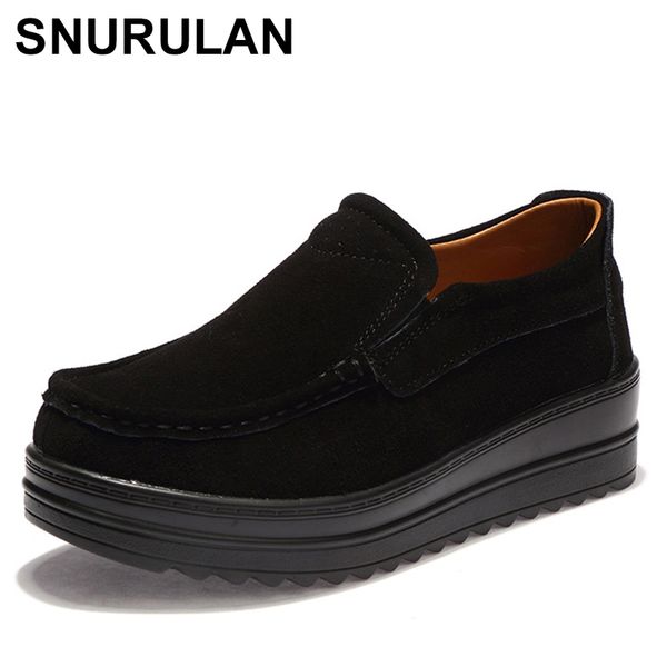 

snurulan 2019 autumn women flats tennis feminino flat platform sneakers shoes woman leather suede slip on creepers loaferse094, Black