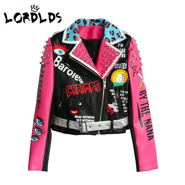 

lordlds leather jacket women streetwear club punk new spring fashion cropped jacket with belt multicolor motorcycle biker coats, Black