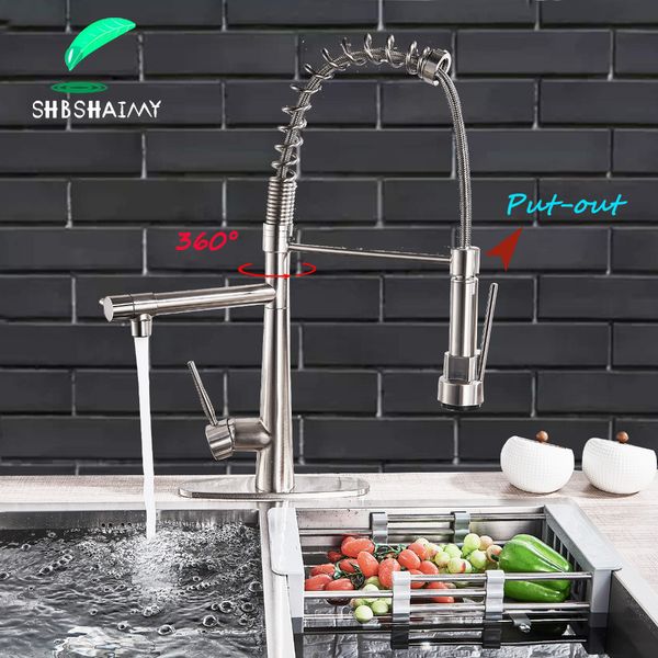 

shbshaimy brushed nickle put-out kitchen faucet single handle single hole dual spout kitchen and cold water mixer tap