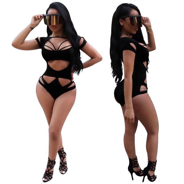 

2020 explosion models bandage bikini swimwear short sleeve hollow solid color piece swimsuit female, White;black