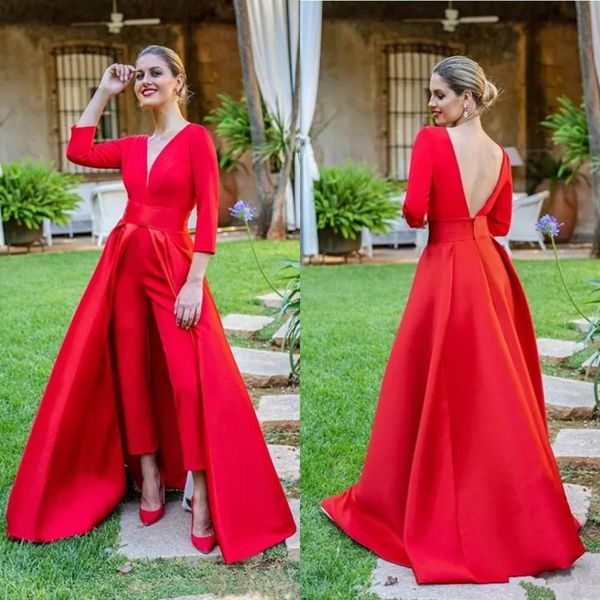 

элегантные комбинезоны вечерние платья красный съемный поезд v-образным вырезом спинки пром платья krikor jabotian на заказ с длинными рукав, Black;red