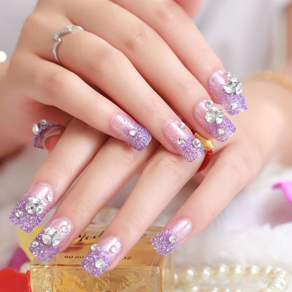 

purple color shining rhinestone wedding bride fake nail 3d glitter party artificial nails with glue new design nail art tips, Red;gold