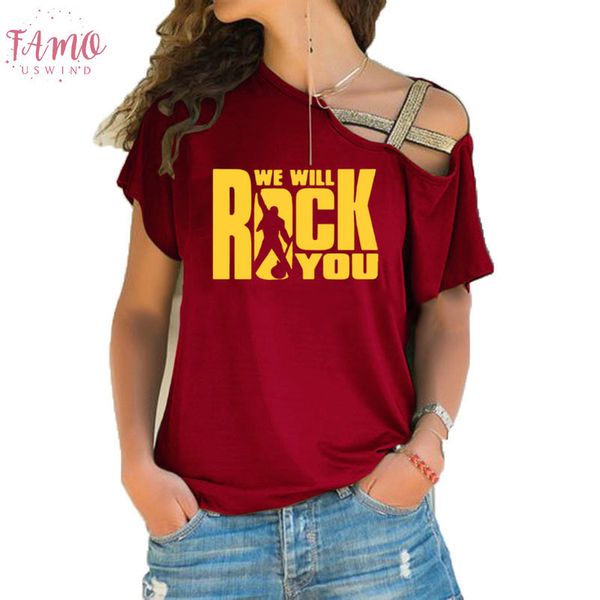 

we will rock you women t shirt summer queen rock band t shirt short sleeve rock roll womens irregular skew cross, White