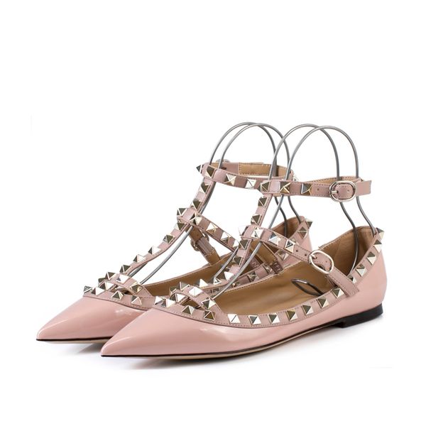 

designer toe with studs flat heels patent leather rivets sandals women studded strappy dress shoes flat heel shoes, Black