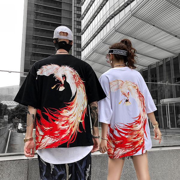 

japanese street harajuku streetwear phoenix print t shirt men fashions funny tshirt men cotton t shirt hip hop t-shirt, White;black