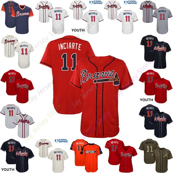 

2019 Atlanta 11 Ender Inciarte Jersey Braves Jerseys Cool Base Flexbase Home Away White Black Red Grey Pullover Button Men Women Youth