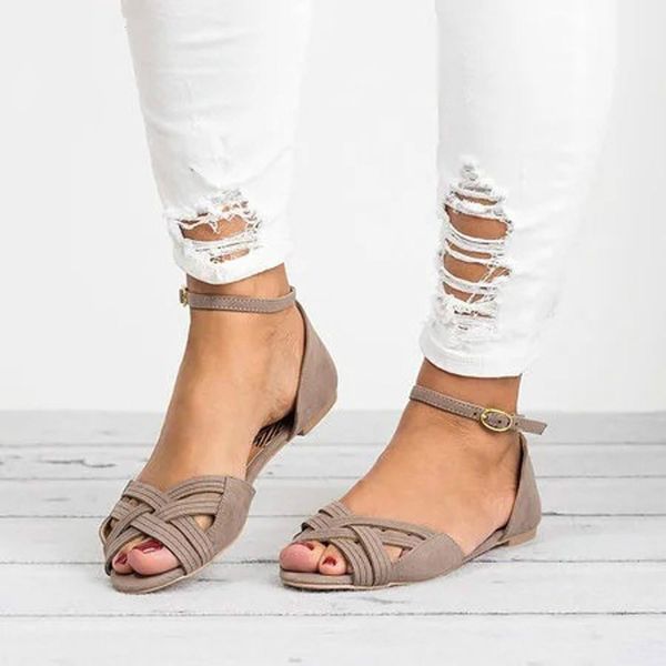

2019 summer new shoes woman open toe one-strap belt wraps cross-knit flat women's sandals plus size, Black