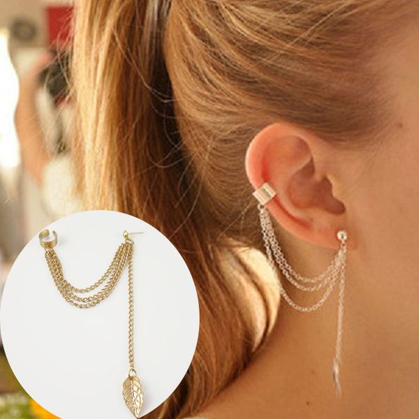 

shuangr fashion 1 pc 2 color personality leaf shape tassel earrings pendentes ear cuff for women jewelry, Silver