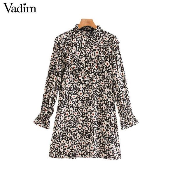 

vadim женщины шикарный цветочный узор мини-платье оборками длинный колокол рукав прямой женского пола причинная платья способа vestidos qd08, Black;pink