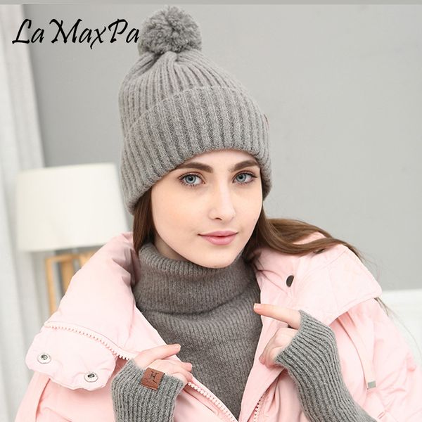 

lamaxpa 2018 new fashion solid thick women scarf, hat & glove sets pompom ring 3pcs knitted winter warm beanis wrap dropshipping, Blue;gray