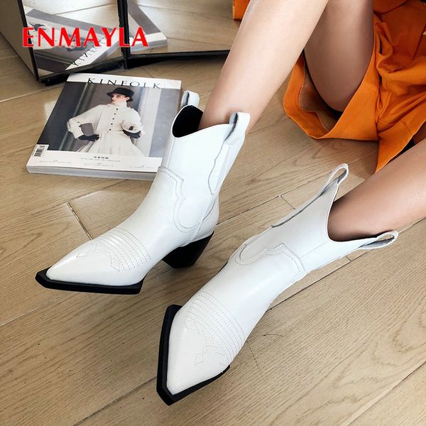

enmayla 2020 elegant genuine leather women shoes slip-on basic pointed toe boots women spike heels short plush ankle boots 34-40, Black
