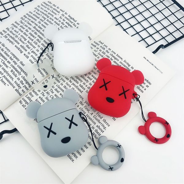 

for apple airpods cute bear silicone case protective shockproof charging portable earphone cover cases with anti-lost ring