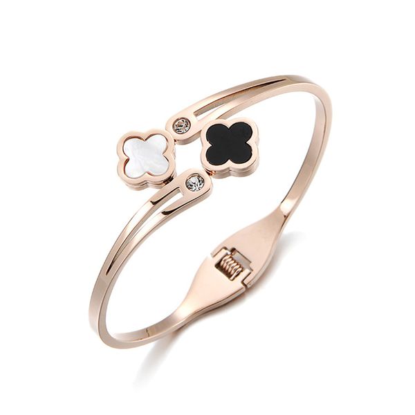 

stainless steel open bangles bracelets four-leaf rose gold cuff bangle with shell women jewelry, Black
