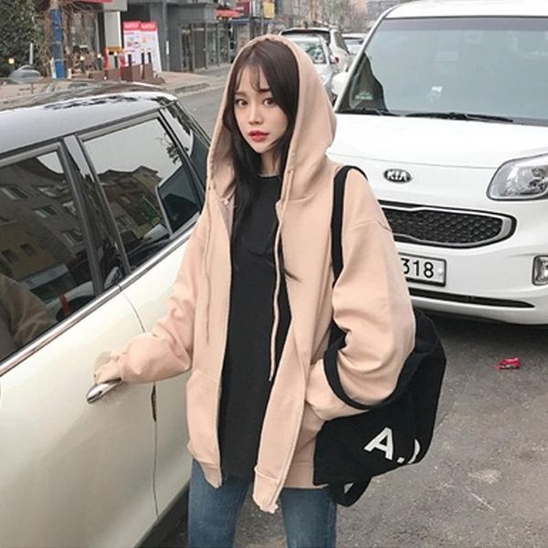 

2019 korean version cotton spring autumn women coat solid color thin short long sleeve hooded loose coat female cc27, Black;brown