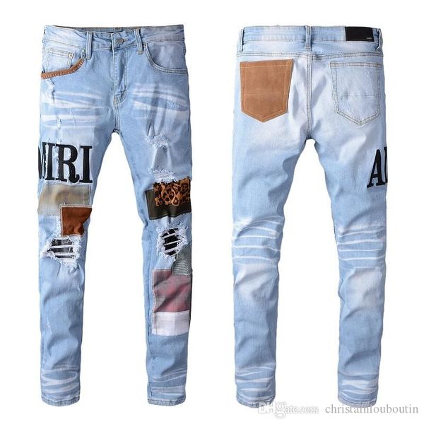

new mens distressed ripped biker jeans slim fit motorcycle biker denim for men fashion designer hip hop mens jeans, Blue