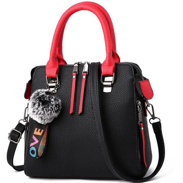 

pu leather women messenger bag fur ball crossbody flap bag female shoulder solid color handbags(black